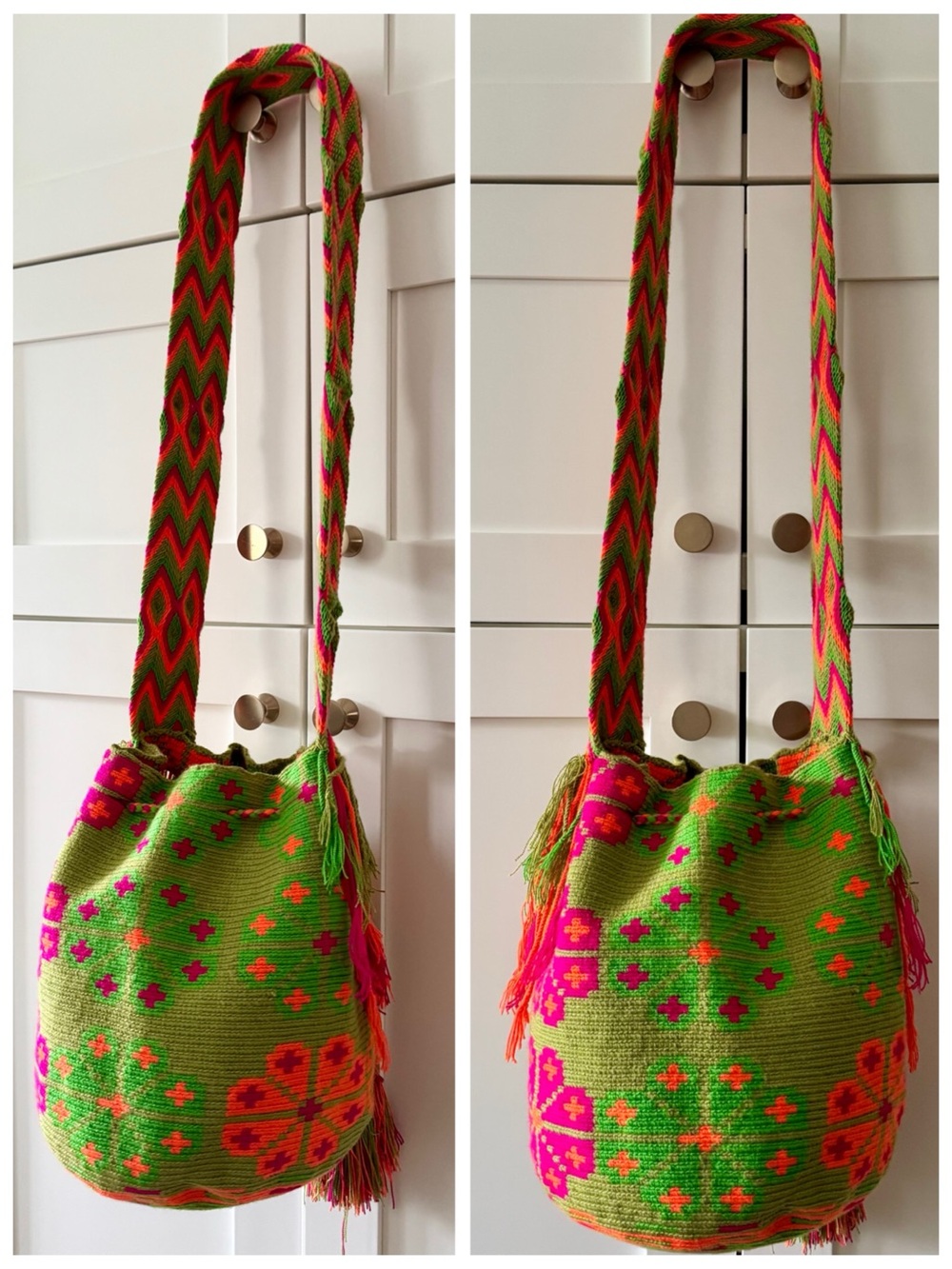 Colombian Wayuu Mochila Crossbody Bag | Green & Neon Pink Knit (Handwoven Boho) - Picture 16 of 17